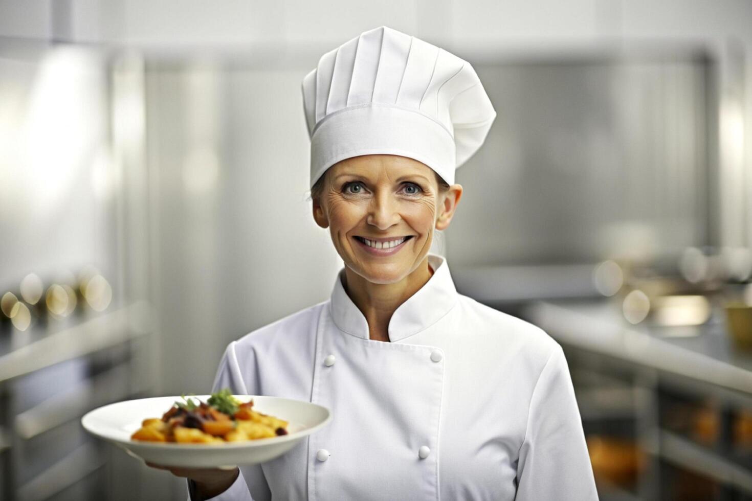 ai gerado sorridente chefe de cozinha dentro dele cozinha foto