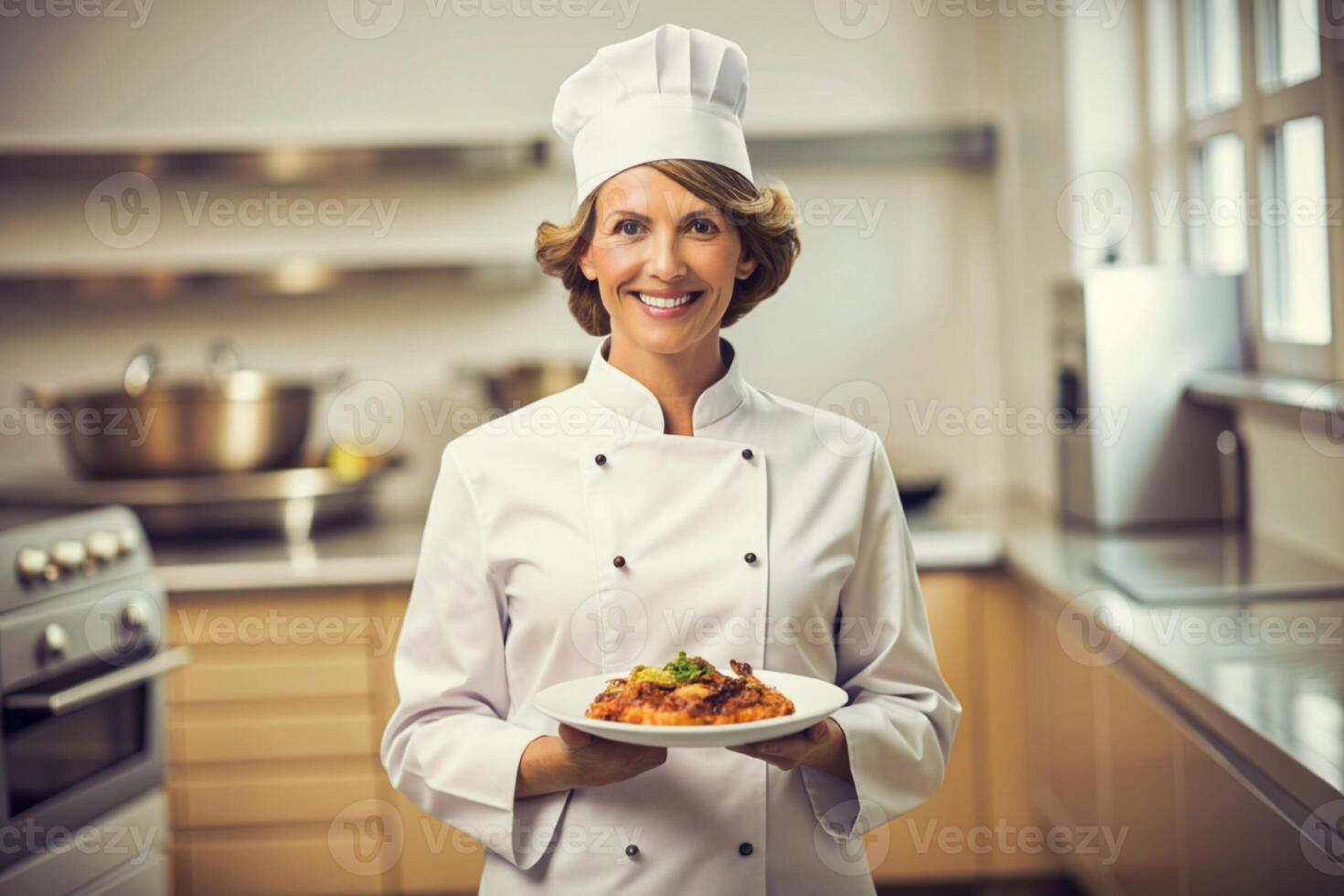 ai gerado sorridente chefe de cozinha dentro dele cozinha foto