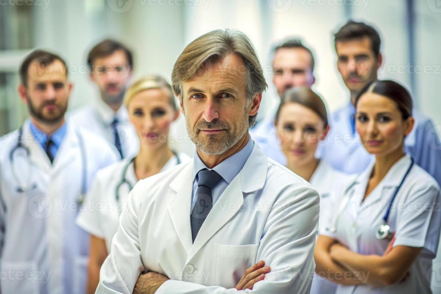 ai gerado feliz multirracial médico profissionais em pé dentro hospital foto