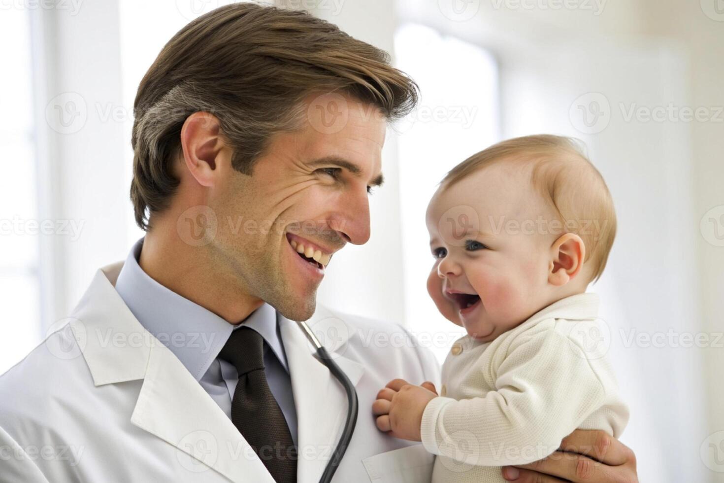 ai gerado feliz masculino médico examinando bebê Garoto foto