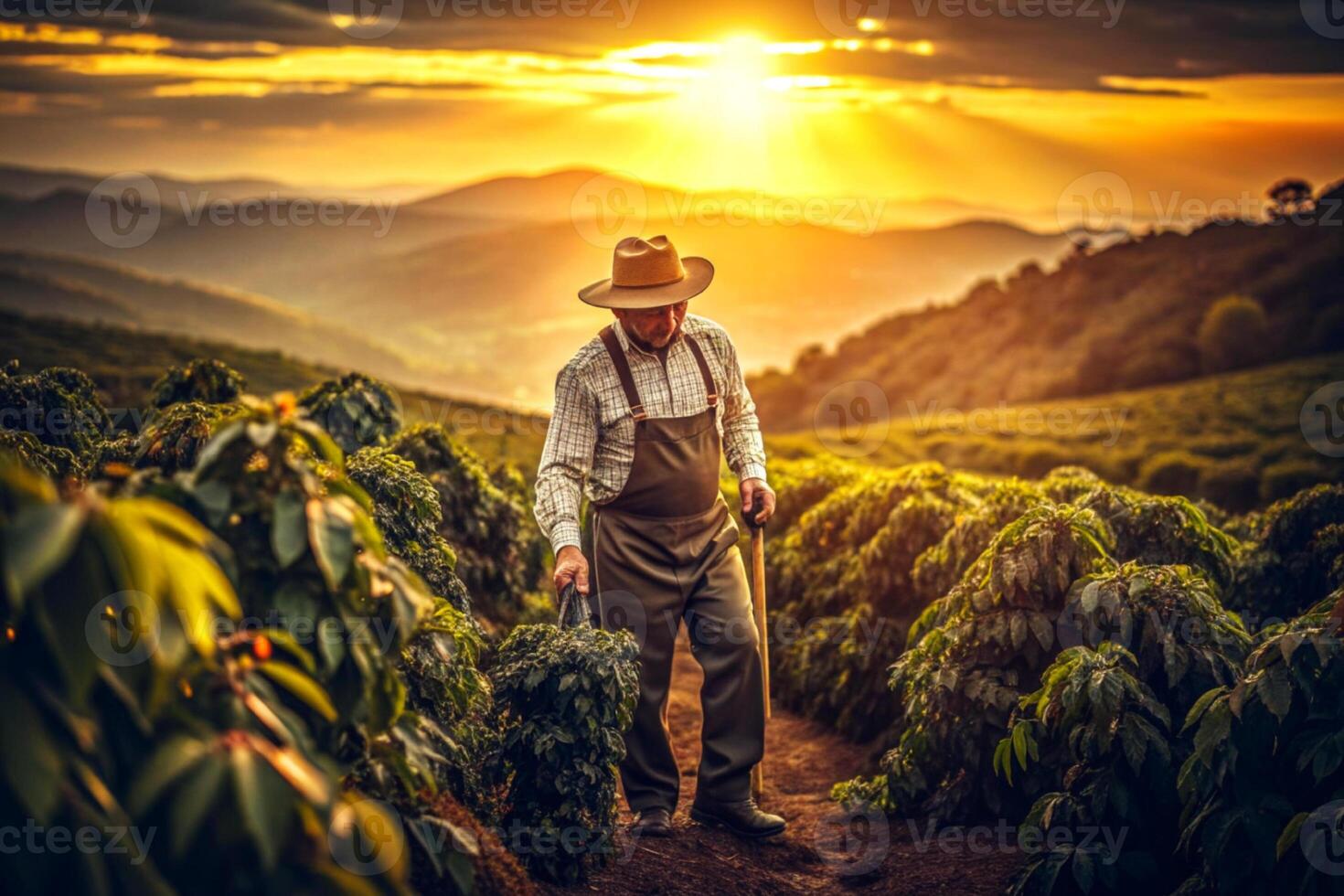 ai gerado masculino agricultor vacas pôr do sol foto