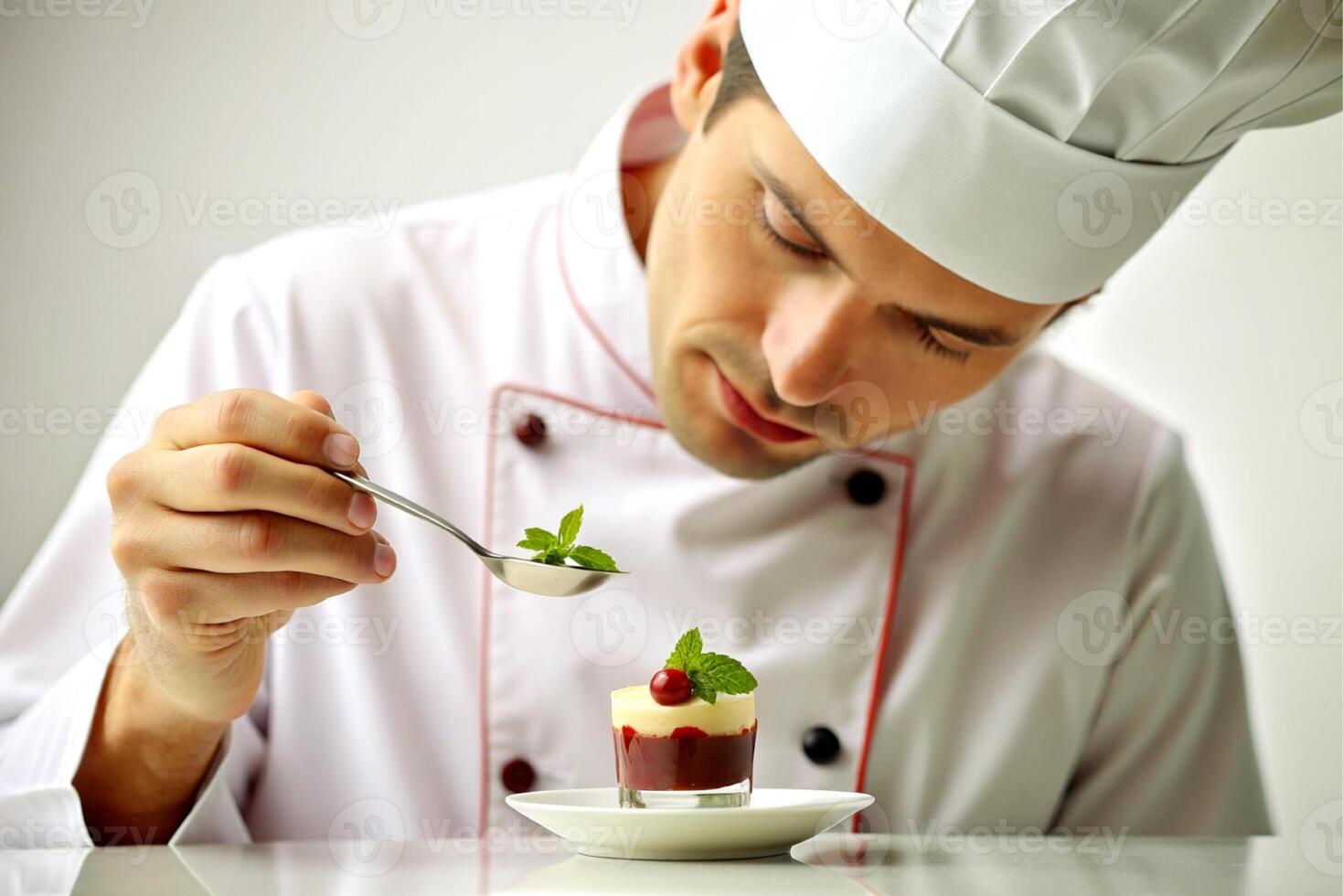 ai gerado homem chefe de cozinha decoração delicioso sobremesa. foto