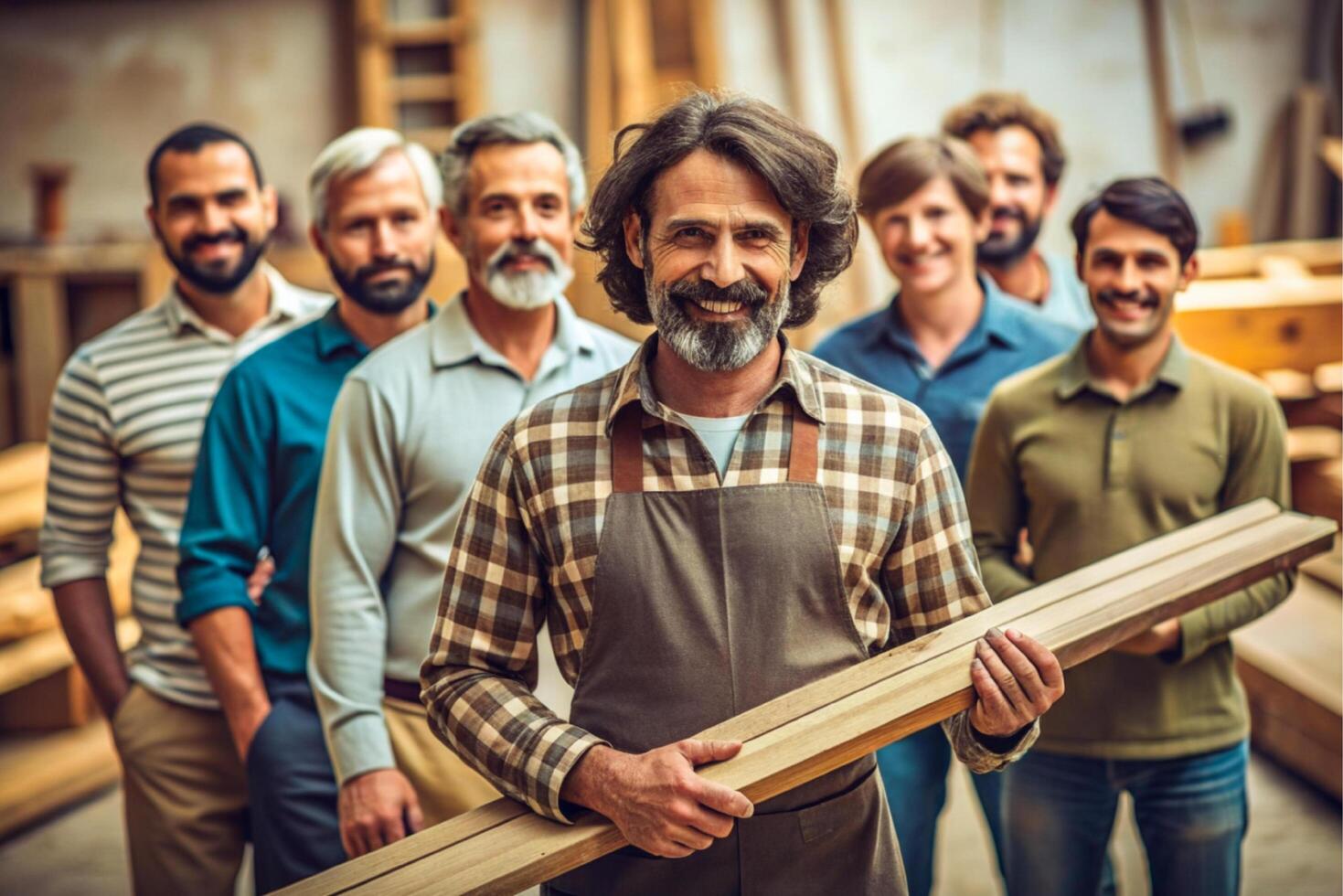 ai gerado masculino carpinteiro segurando madeira equipe foto