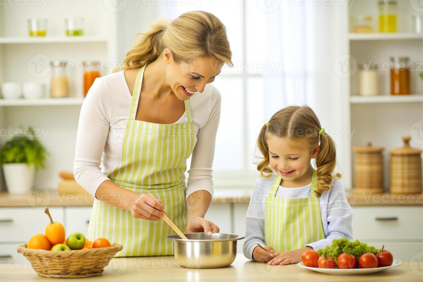 ai gerado mãe e filha cozinhando às cozinha foto