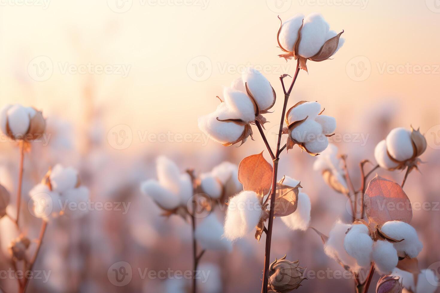 ai gerado fechar-se do uma lindo algodão flores dentro uma campo em uma borrado fundo foto