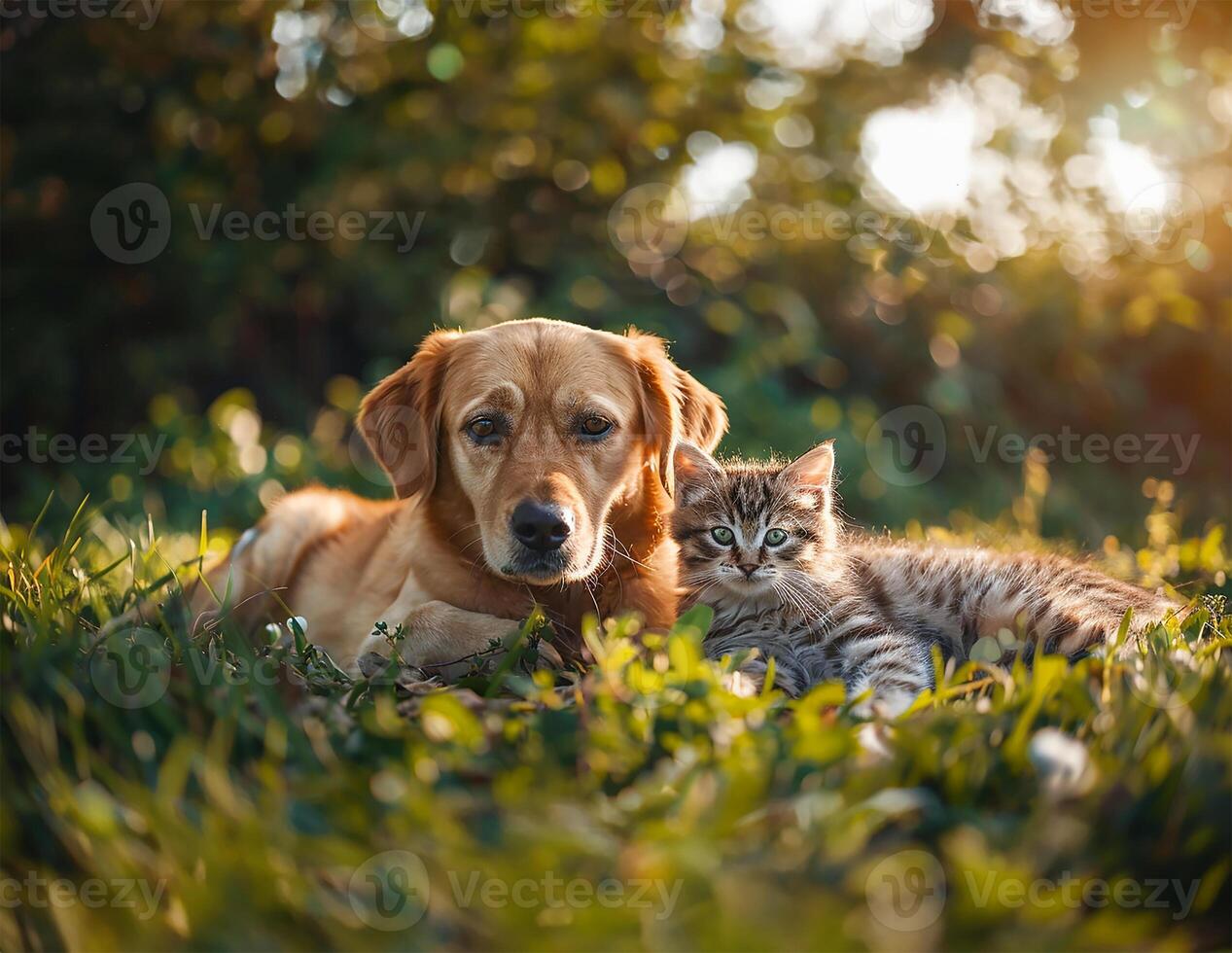 ai gerado adorável cachorro e gato duo descansando em exuberante verde grama, aquecendo dentro Primavera brilho do sol foto