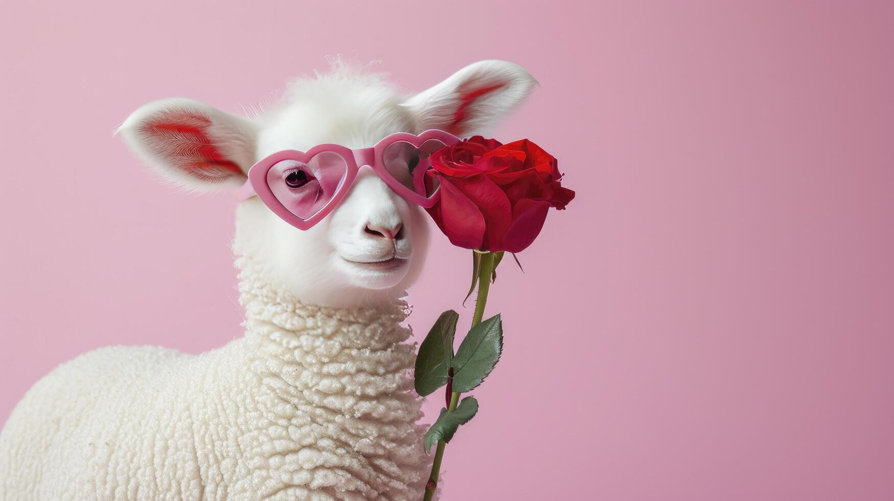 ai gerado Cordeiro segurando uma vermelho rosa vestindo em forma de coração Rosa oculos de sol foto