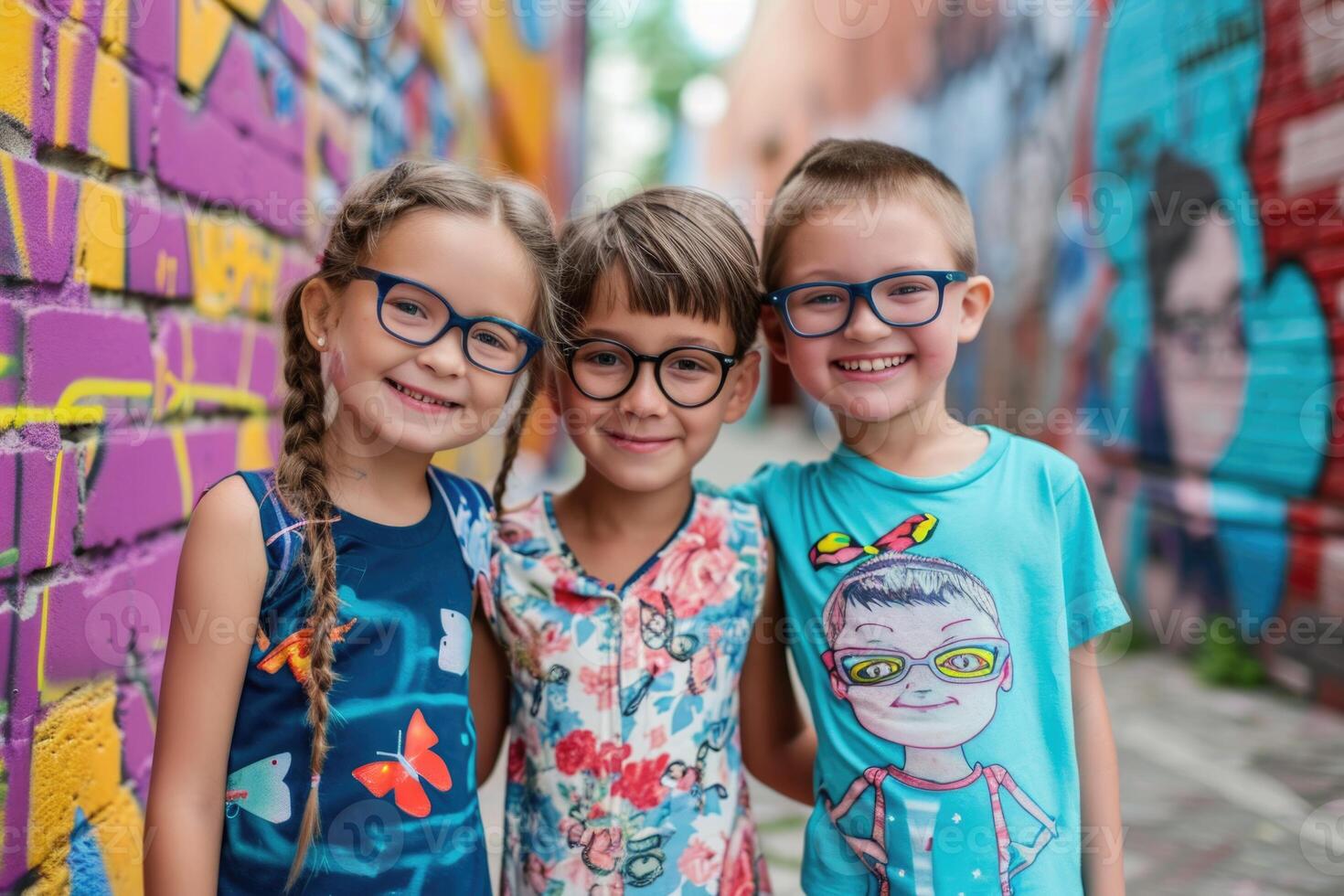 ai gerado três amigos dentro colorida roupas tendo Diversão em uma verão período de férias lado de fora foto