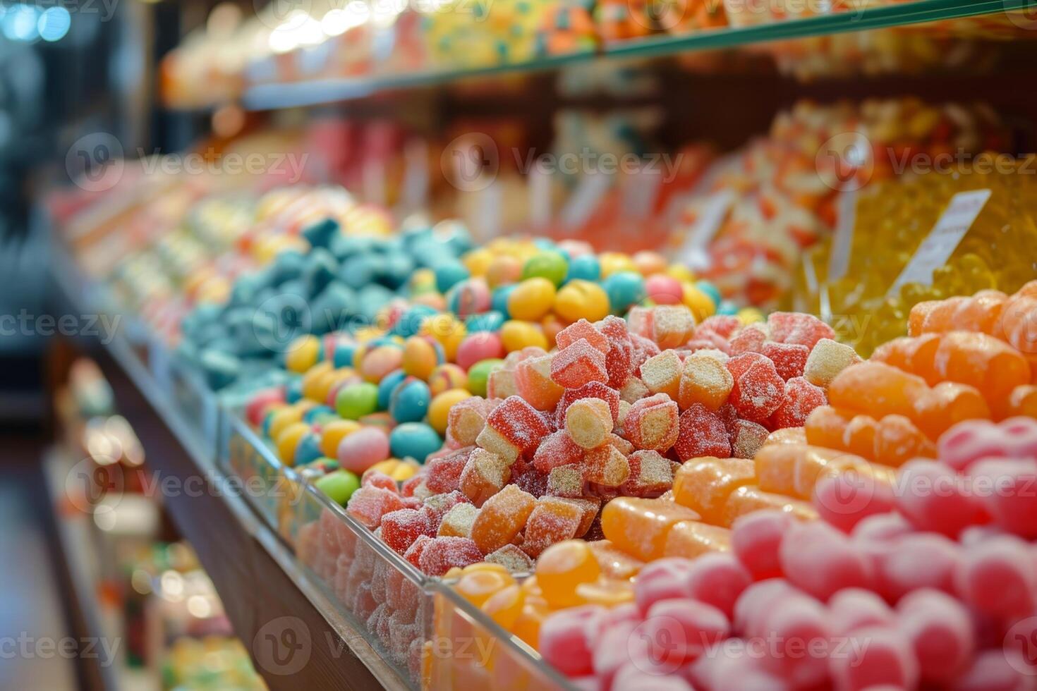ai gerado grande quantidade do colorida doces e caramelo doces em a estante dentro a loja foto