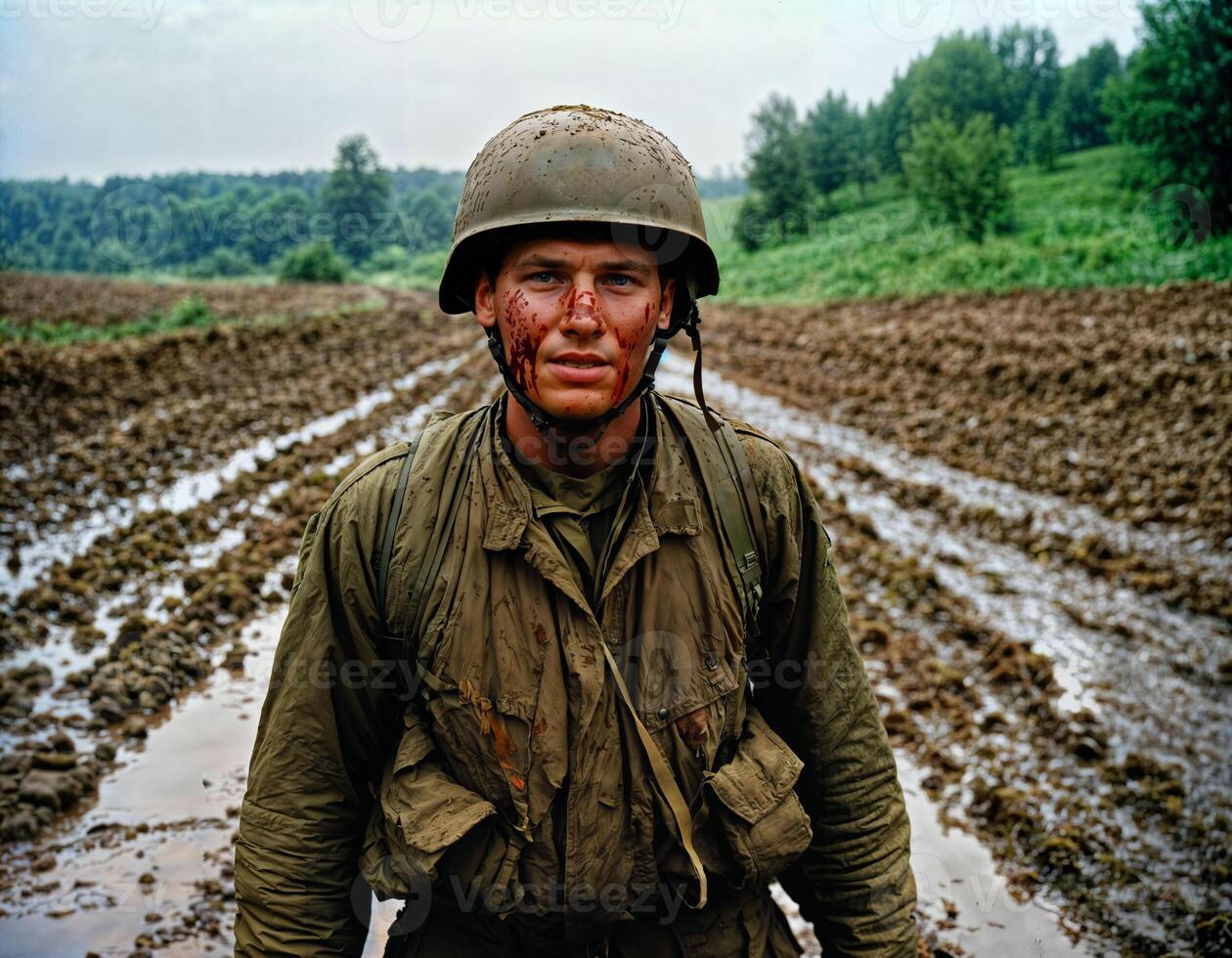 ai gerado foto do intenso soldado homem dentro exército equipamento e capacete dentro sério perigoso guerra caminhando em campo, generativo ai