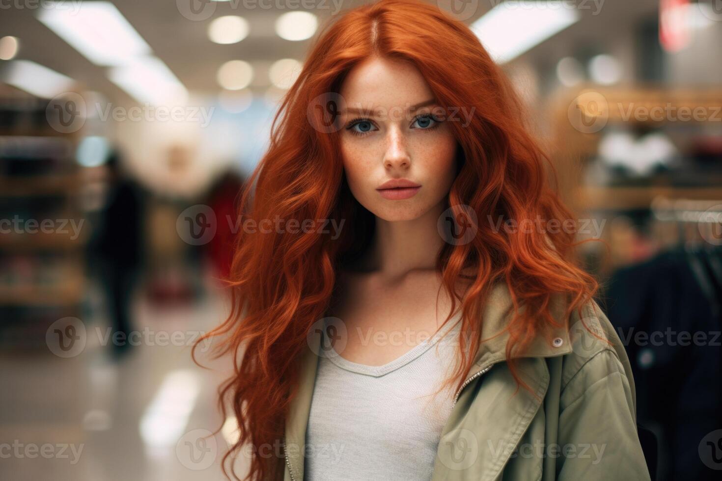 ai gerado fechar-se do uma lindo branco menina com vermelho cabelo, vestido dentro à moda roupas, quem parece às a Câmera e sorrisos foto