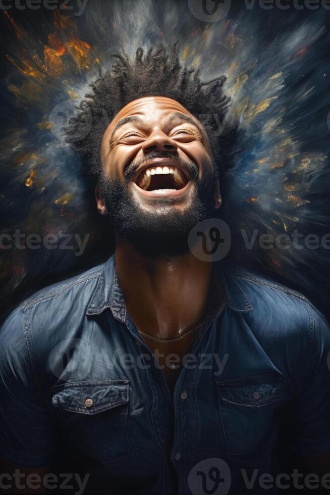 ai gerado retrato do uma alegre africano dentro fechar-se em uma Preto fundo dentro a estúdio foto