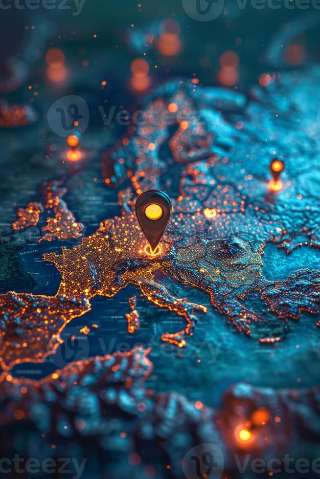 ai gerado macro fotografia do marcadores sobre a a Principal capitais do a europeu continente. uma mapa do Europa dentro néon luz com marcadores. 3d ilustração foto