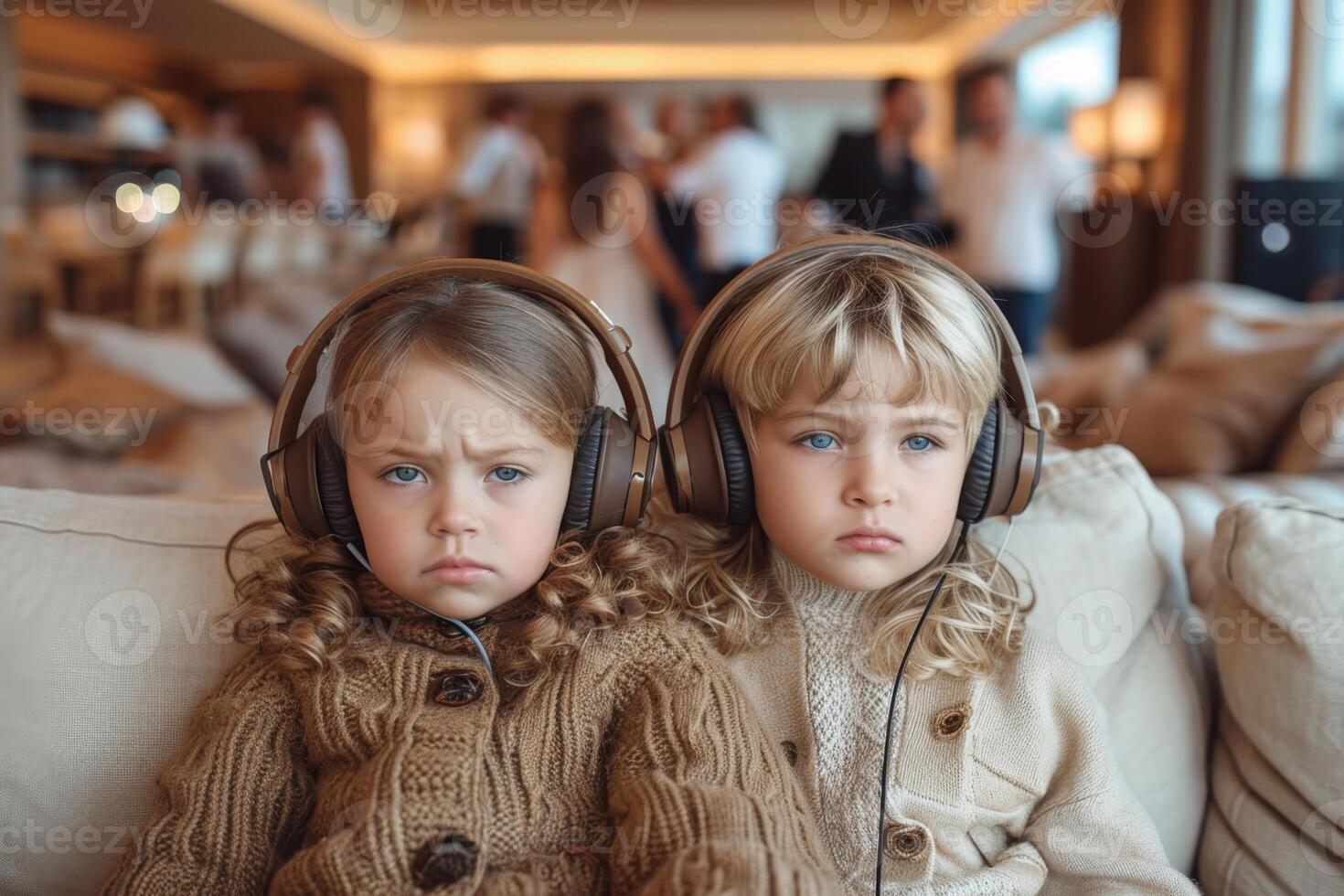 ai gerado dois triste crianças estão sentado em a sofá com fones de ouvido em contra a fundo do seus pais' festa foto