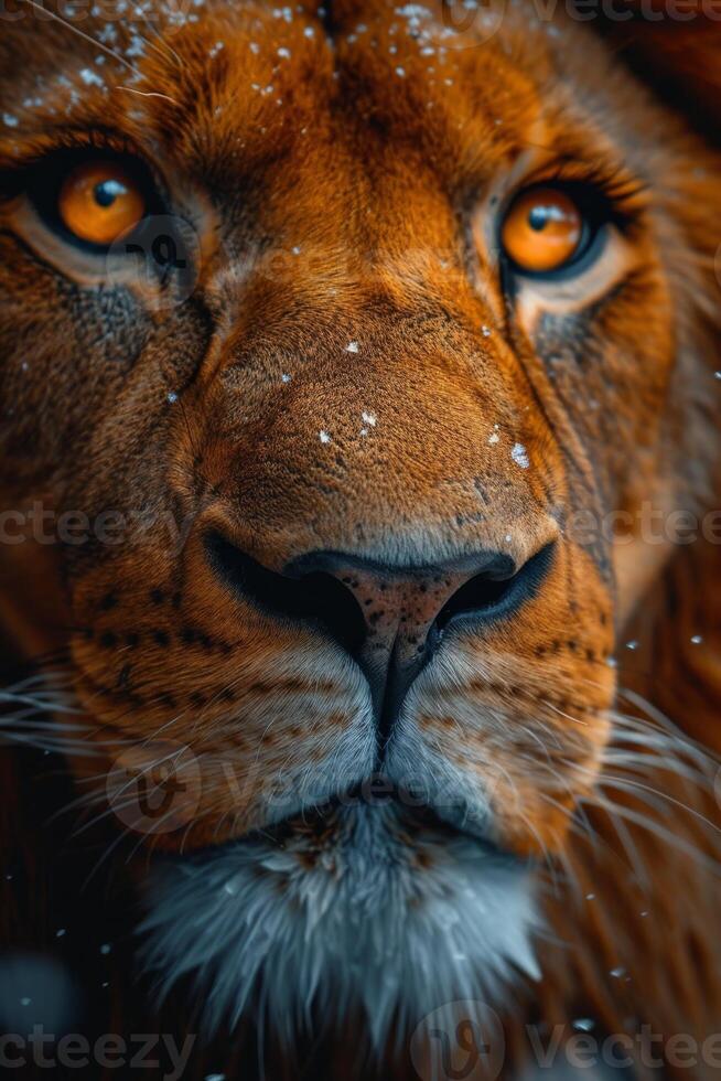 ai gerado retrato do uma leão focinho dentro fechar-se. a leão cabeça foto