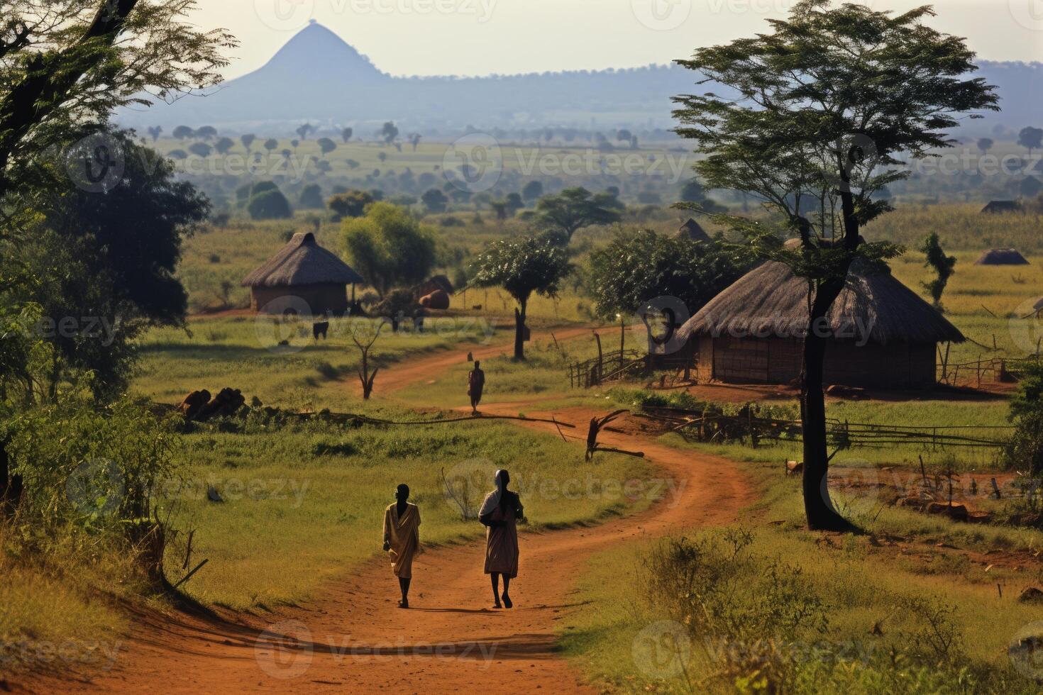 ai gerado a africano Vila. pessoas caminhando ao longo a estrada dentro África foto