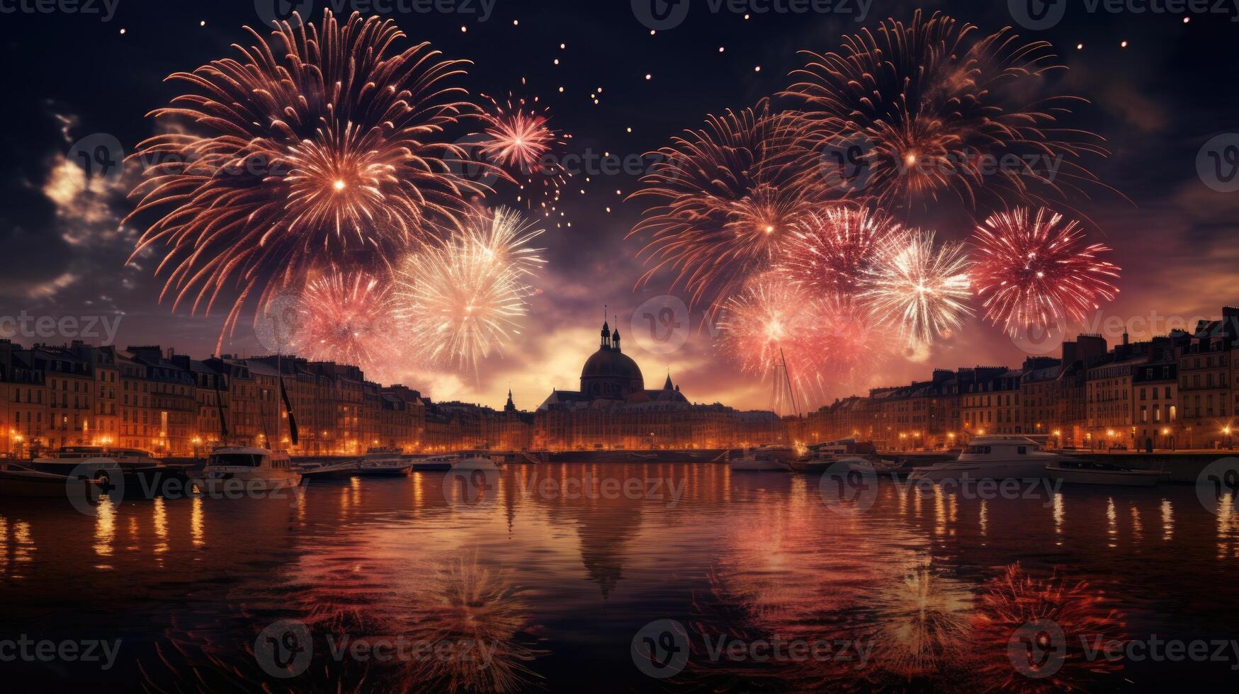 ai gerado lindo noite fogos de artifício sobre a cidade. festivo fogos de artifício sobre a noite cidade foto