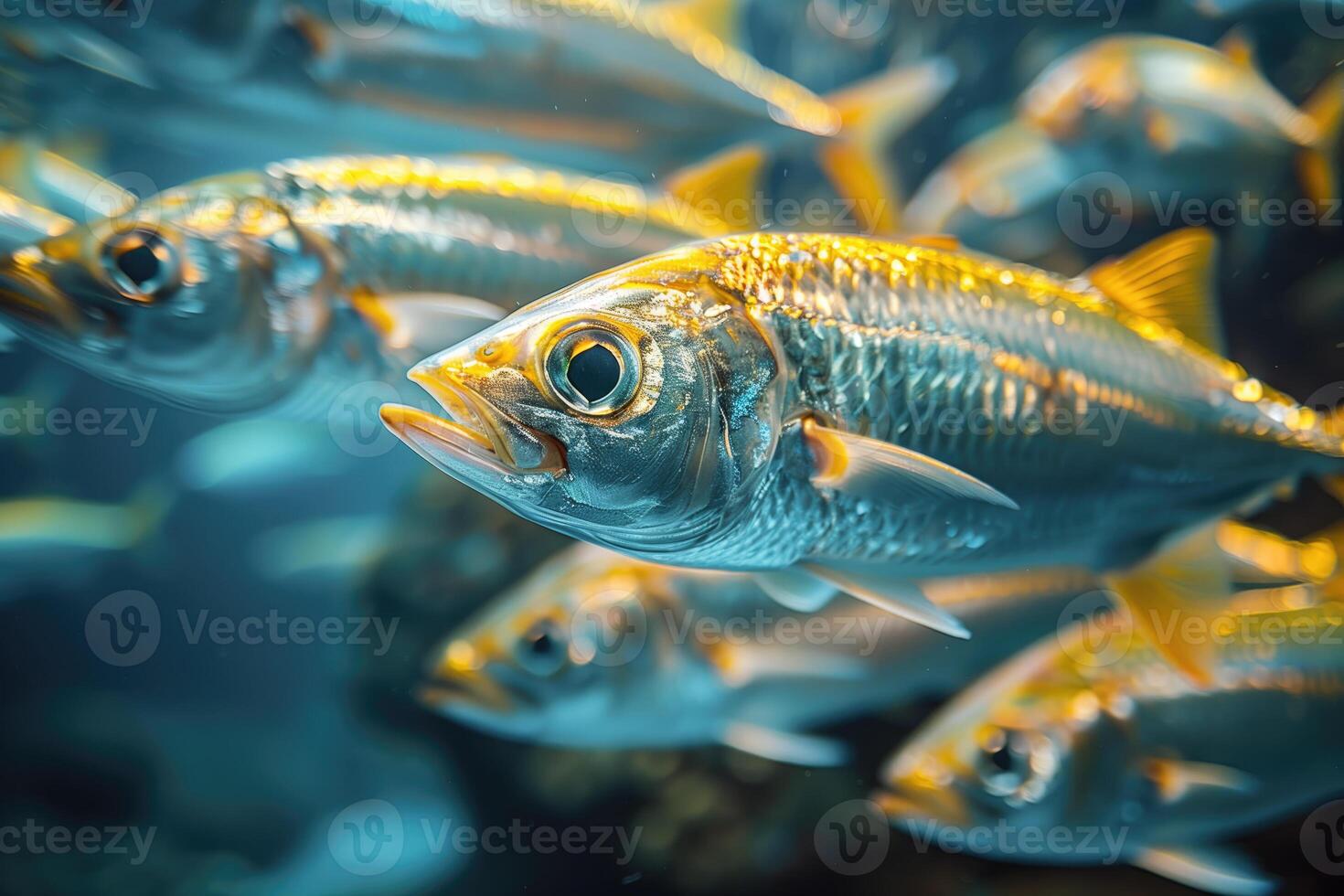 ai gerado fechar acima do peixe escolarização embaixo da agua dentro aberto mar foto