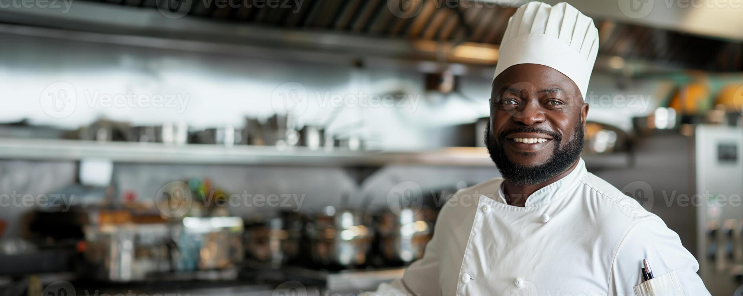 ai gerado sorridente africano chefe de cozinha dentro cozinha com copyspace foto