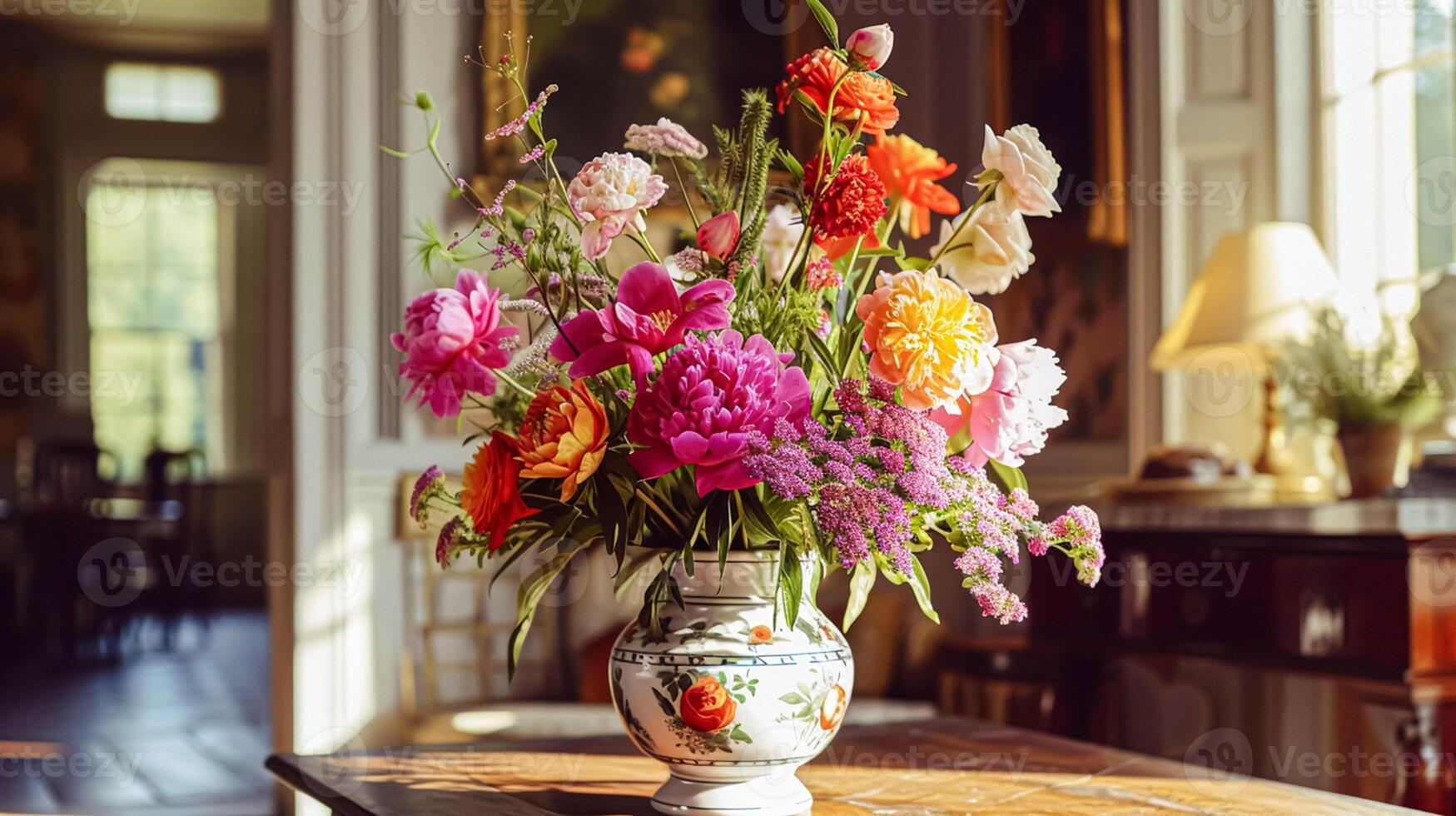 ai gerado Primavera flores dentro vintage vaso, lindo floral arranjo, casa decoração, Casamento e florista Projeto foto