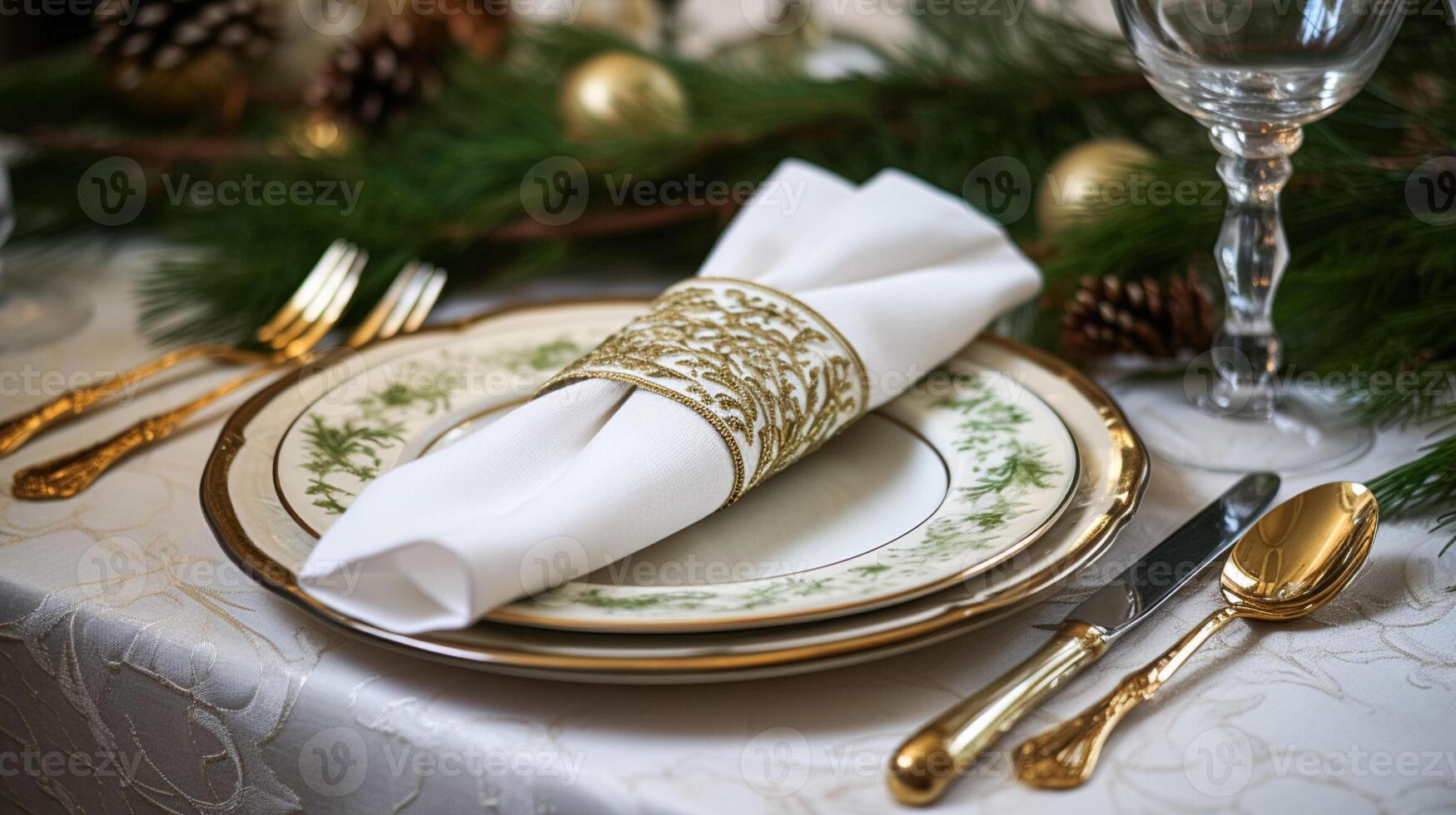 ai gerado mesa decoração, feriado paisagem de mesa e formal jantar mesa configuração para Natal, feriados e evento celebração, Inglês país decoração e casa estilo foto