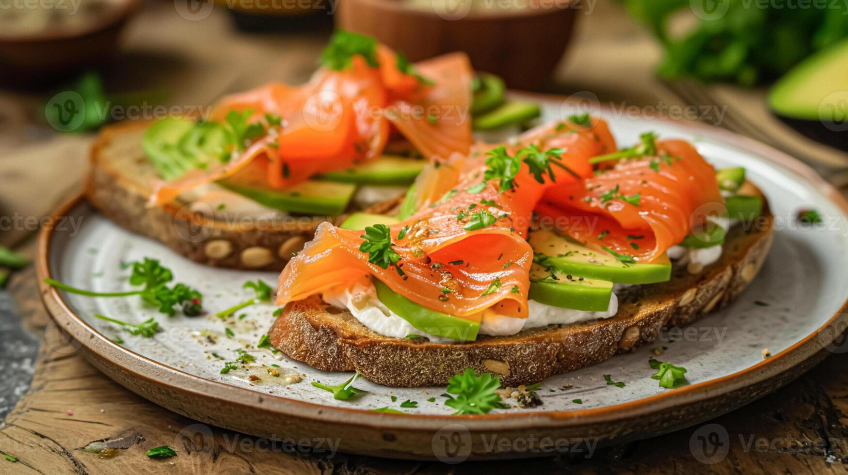 ai gerado abacate torrada com defumado salmão para café da manhã, caseiro cozinha e tradicional comida, país vida foto