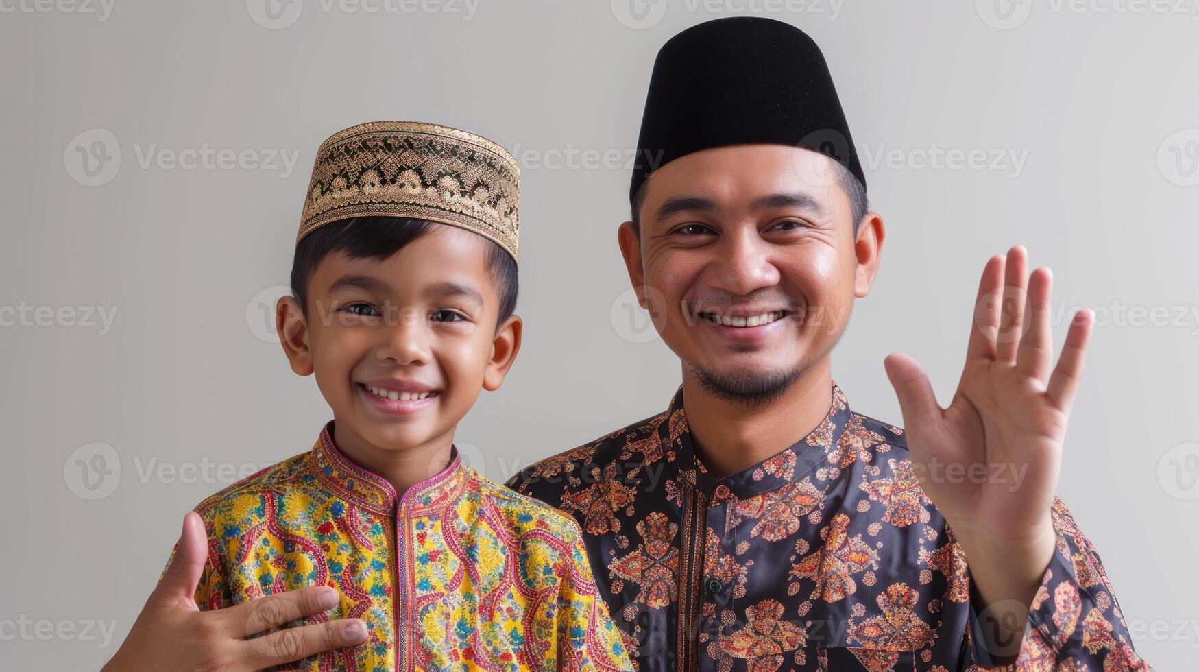 ai gerado feliz muçulmano pai e filho sorridente e vestem tradicional roupas foto