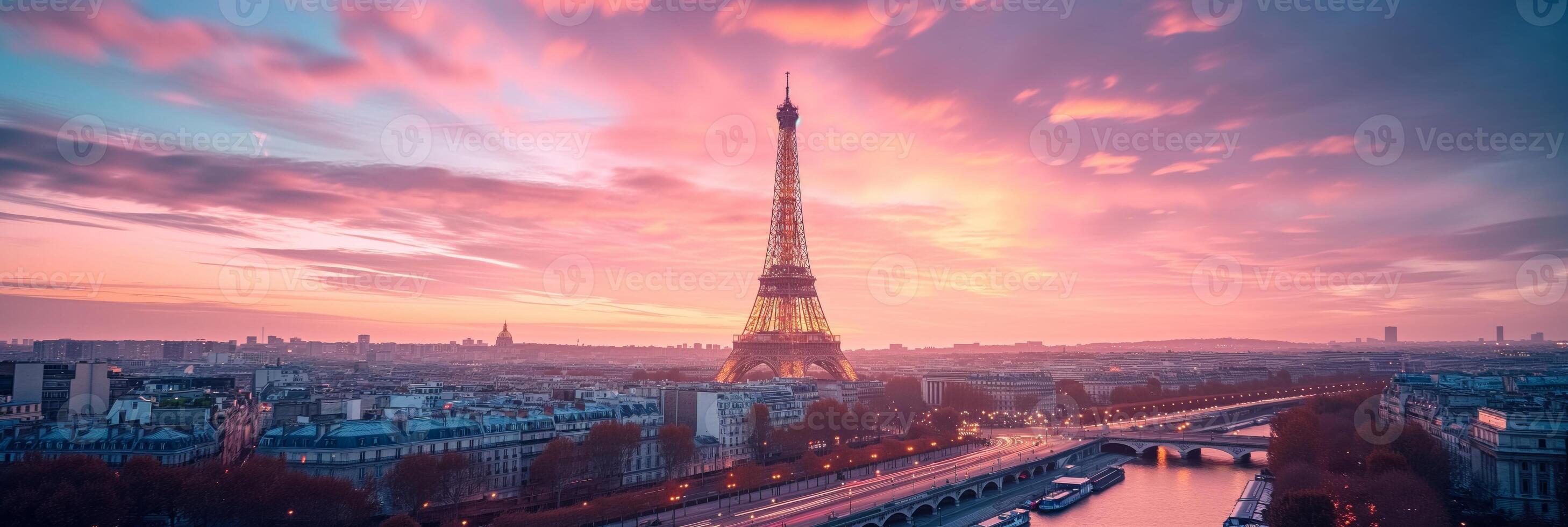 ai gerado eiffel torre nascer do sol panorama com cópia de espaço foto