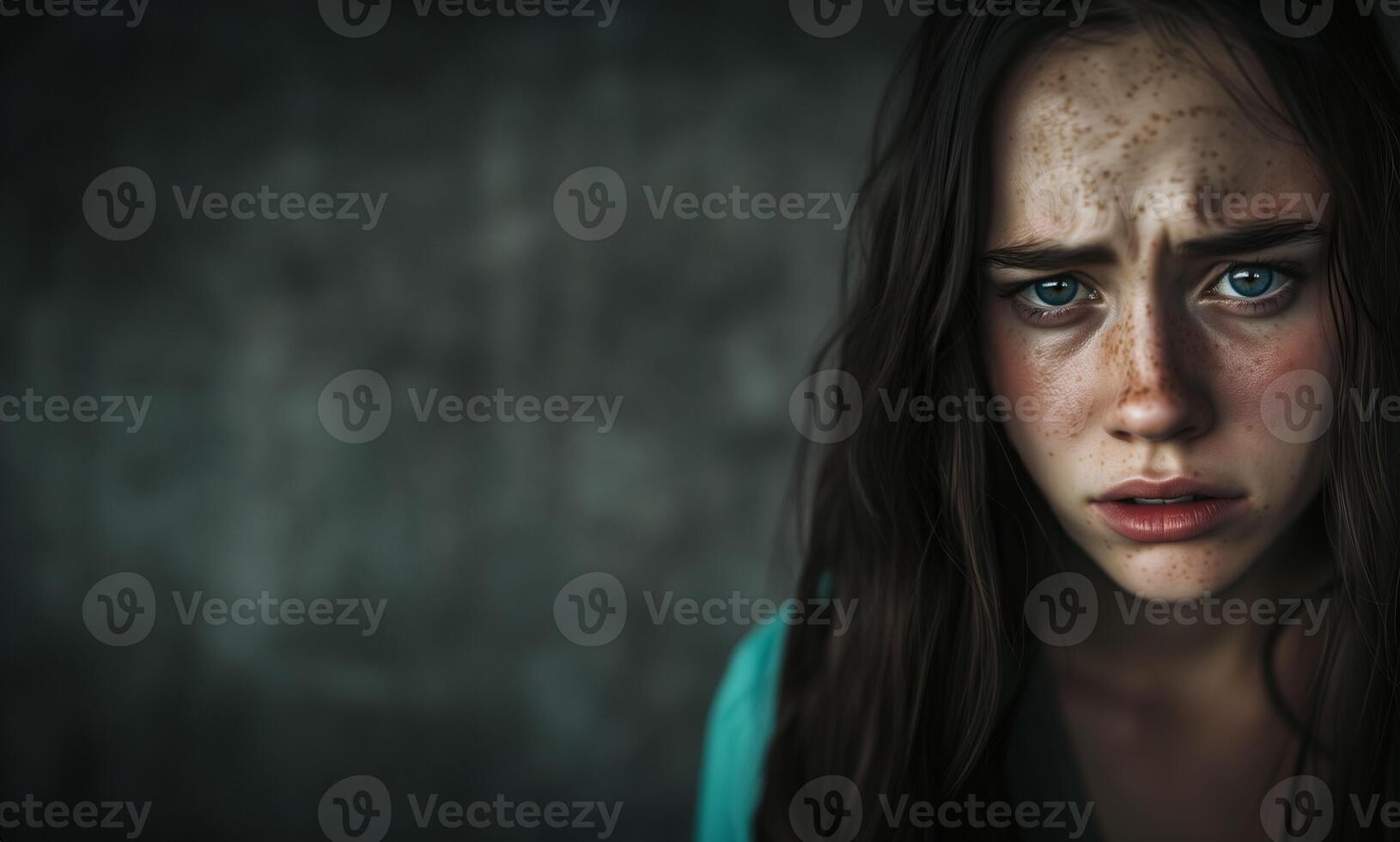 ai gerado triste jovem mulher com sardas, mental saúde consciência foto