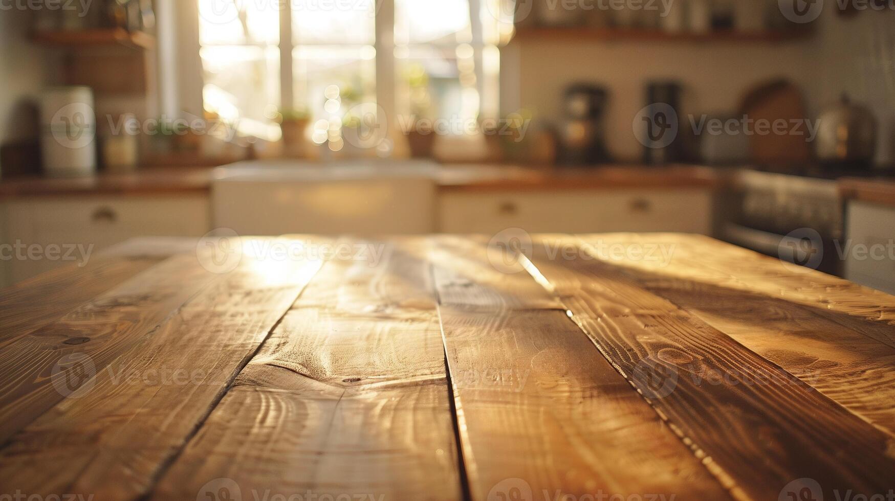 ai gerado acolhedor cozinha mesa dentro caloroso luz solar foto