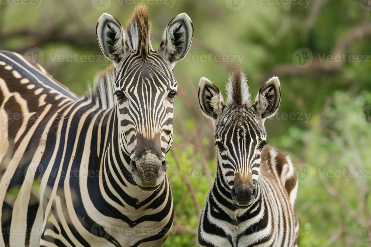 ai gerado zebras dentro harmonia, adulto e juvenil duo dentro verde savana foto