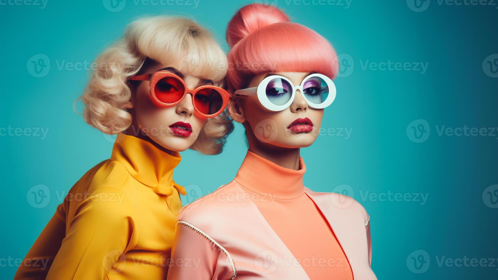 ai gerado dois jovem mulheres vestindo colorida retro futurista moda foto