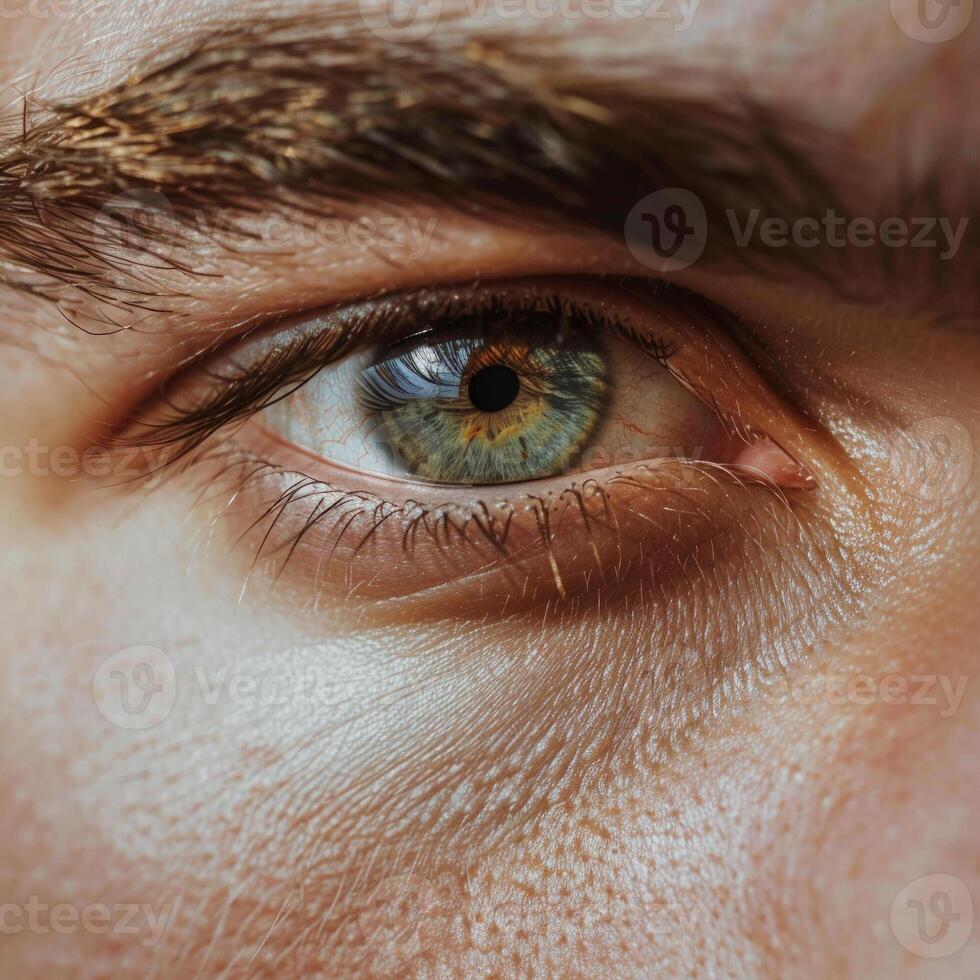 ai gerado realista fechar acima tiro lindo natural Castanho verde atraente masculino olho. olhos estão a espelho do a alma foto