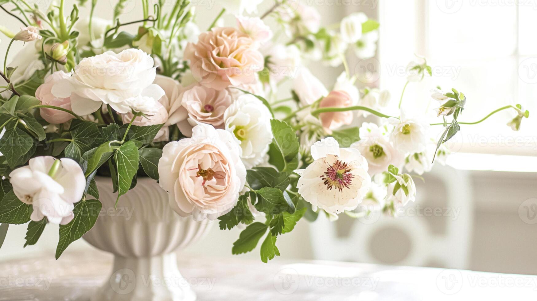 ai gerado Primavera flores dentro vintage vaso, lindo floral arranjo, casa decoração, Casamento e florista Projeto foto