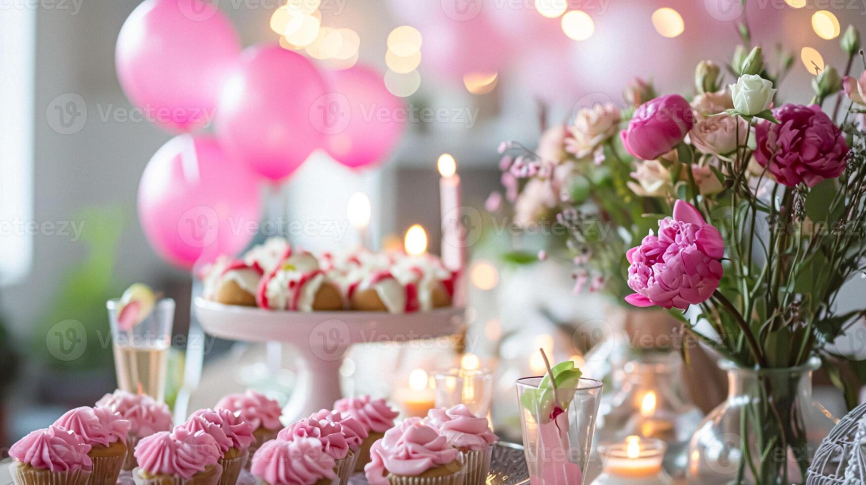 ai gerado aniversário paisagem de mesa ou doce Barra com doces, aniversário bolo e bolos de copo, lindo festa celebração foto