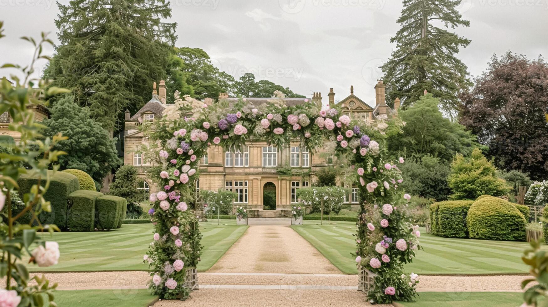 ai gerado Casamento decoração com peônias, floral decoração e evento celebração, peônia flores e Casamento cerimônia dentro a jardim, Inglês país estilo foto