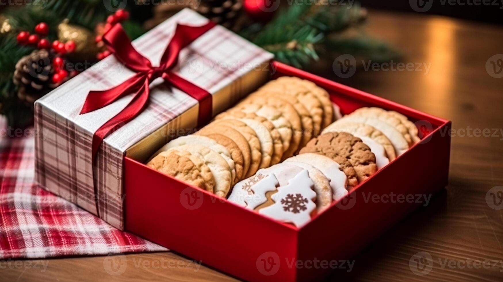 ai gerado Natal biscoitos, feriado bolacha presente caixa e casa assa, inverno feriados presente para Inglês país chá dentro a cabana, caseiro bolo seco friável e cozimento receita foto