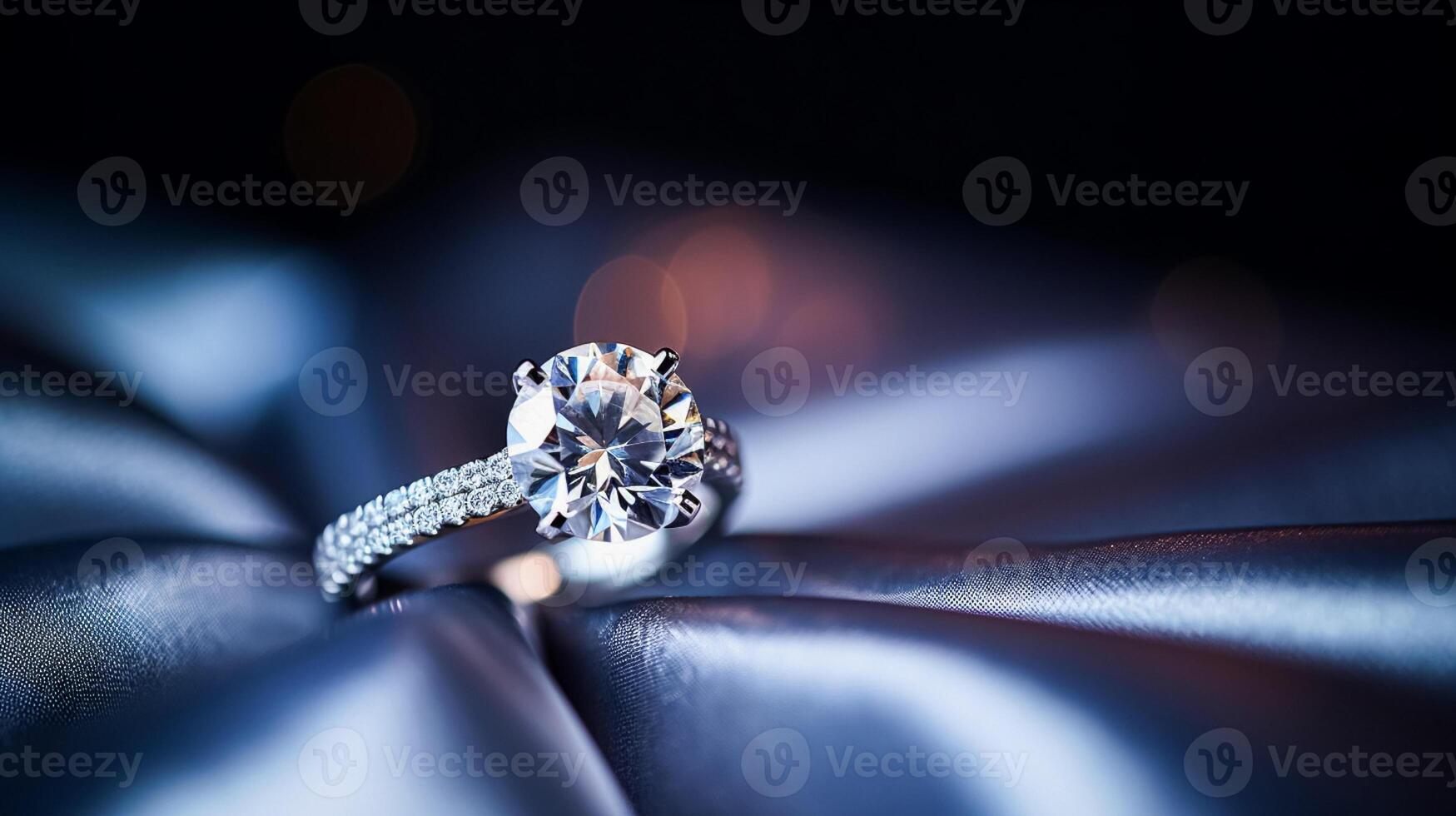ai gerado jóias, proposta e feriado presente, diamante noivado anel em seda tecido, símbolo do amor, romance e comprometimento foto