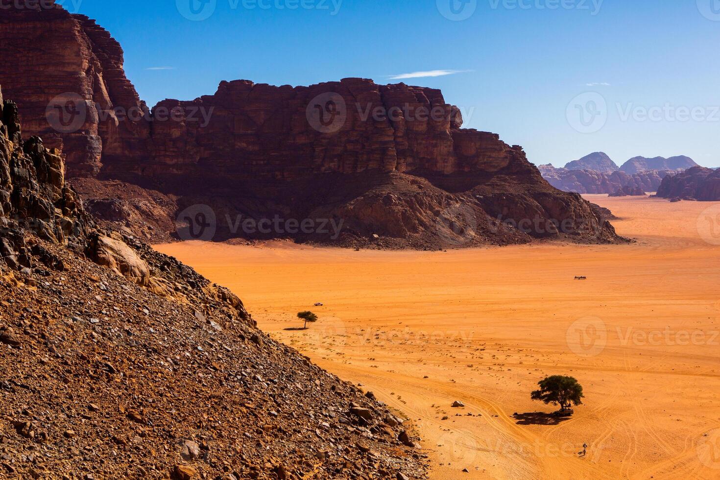 wadi rum deserto dentro Jordânia. em a pôr do sol. panorama do lindo areia padronizar em a duna. deserto panorama dentro Jordânia. foto