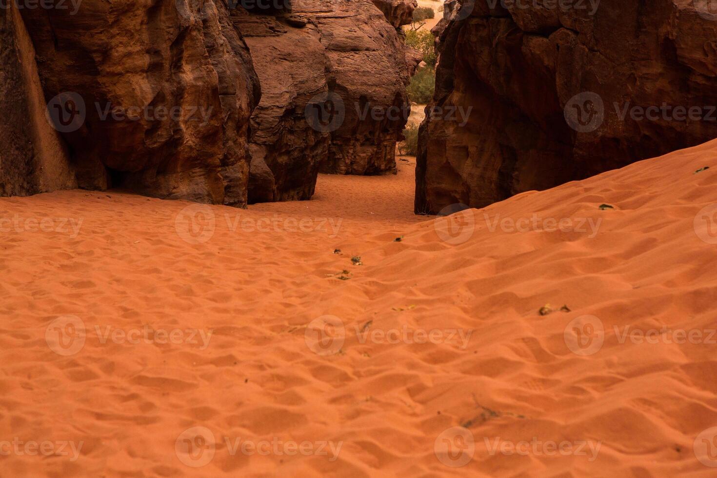wadi rum deserto dentro Jordânia. em a pôr do sol. panorama do lindo areia padronizar em a duna. deserto panorama dentro Jordânia. foto