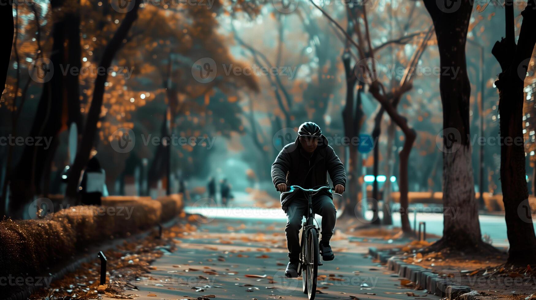 ai gerado homem equitação bicicleta dentro a parque com esvaziar espaço para texto. foto