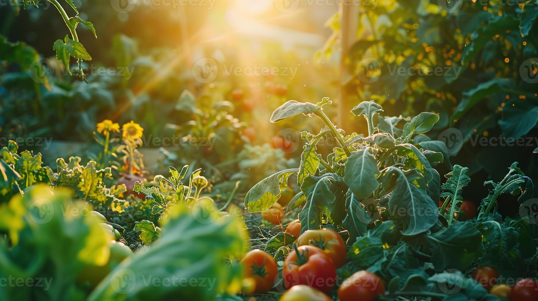 ai gerado dourado hora elencos uma esquentar, convidativo luz em uma casa vegetal jardim, realçando a exuberante vegetação e produzir. ,jardinagem conceito foto