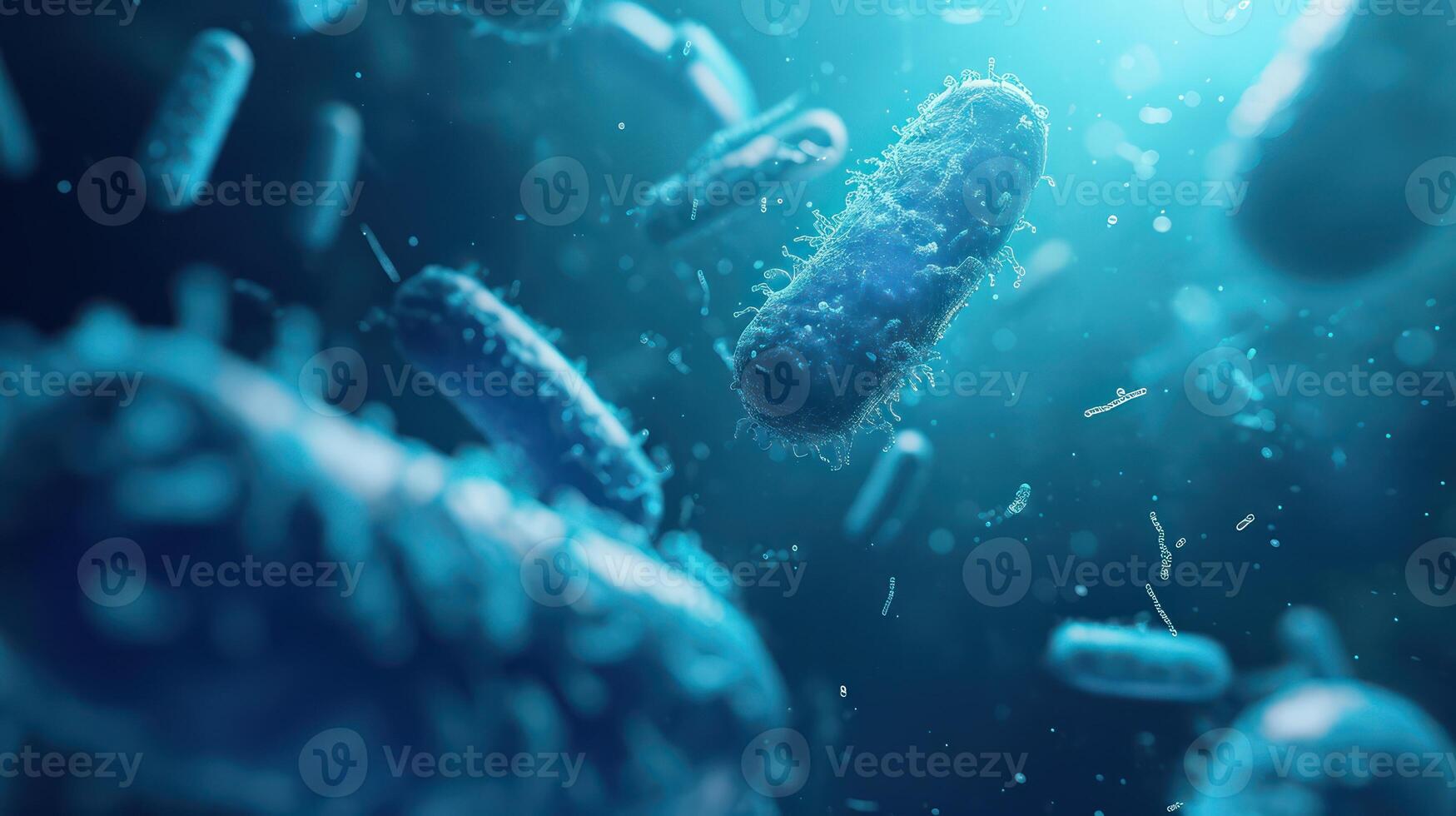 ai gerado láctico ácido bactérias genoma base de dados. luz azul cor. microscópio tiro do lactobacillus e bifidobacterium. 3d render ilustração estilo. vôo moléculas dentro cápsula Formato foto