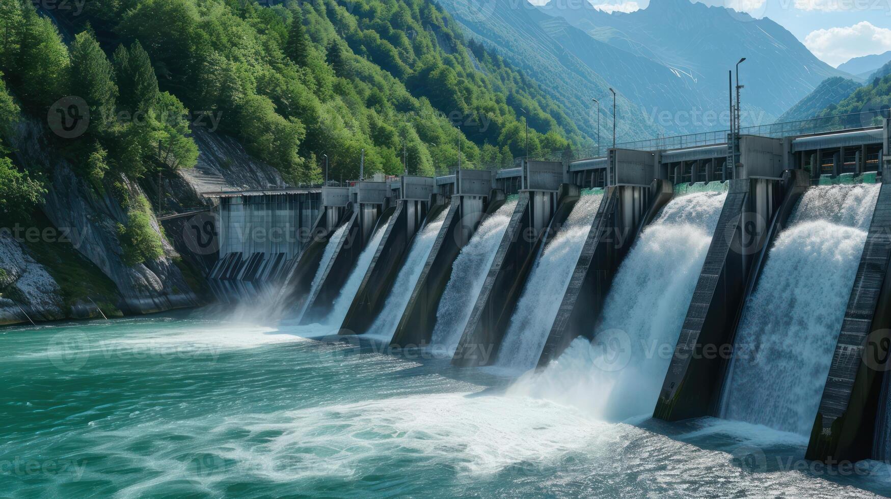 ai gerado a tranquilo fluxo do água a partir de uma hidroelétrica barragem combina com a majestoso presença do montanhoso florestas, foto