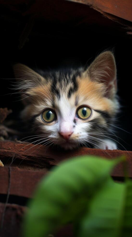 ai gerado adorável gatinho com lindo verde olhos, dentro uma relaxado brincalhão pose vertical Móvel papel de parede foto