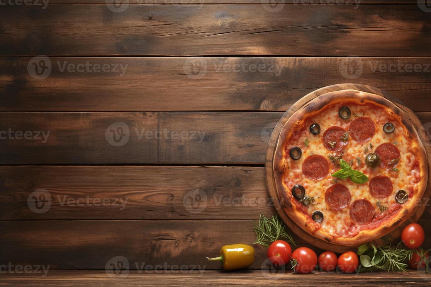 ai gerado Visão topo Visão do pizza em de madeira fundo com cópia de espaço foto