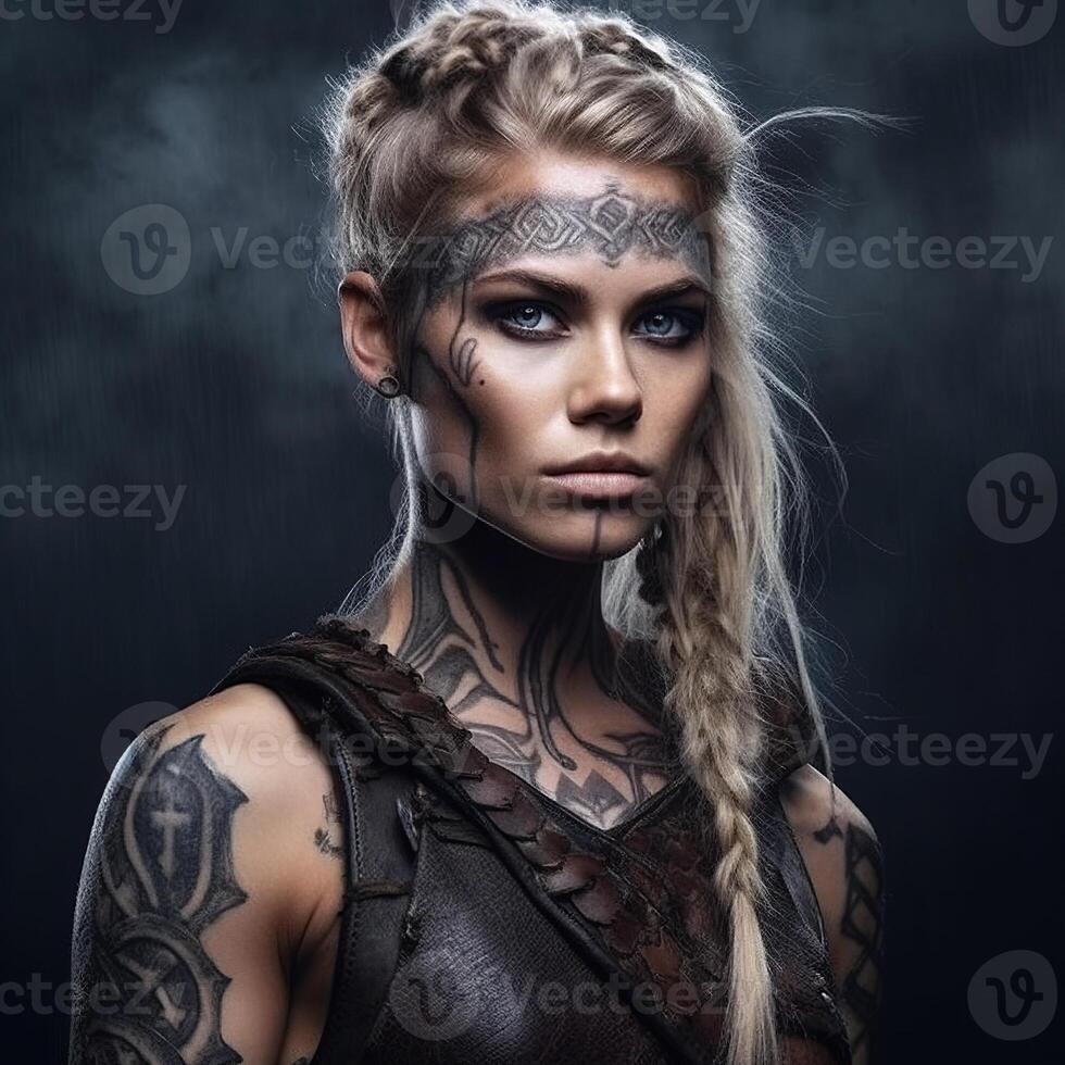 ai gerado fêmea guerreiro, com intrincado tatuagens, vestindo uma couro equipamento contra uma Sombrio fundo foto