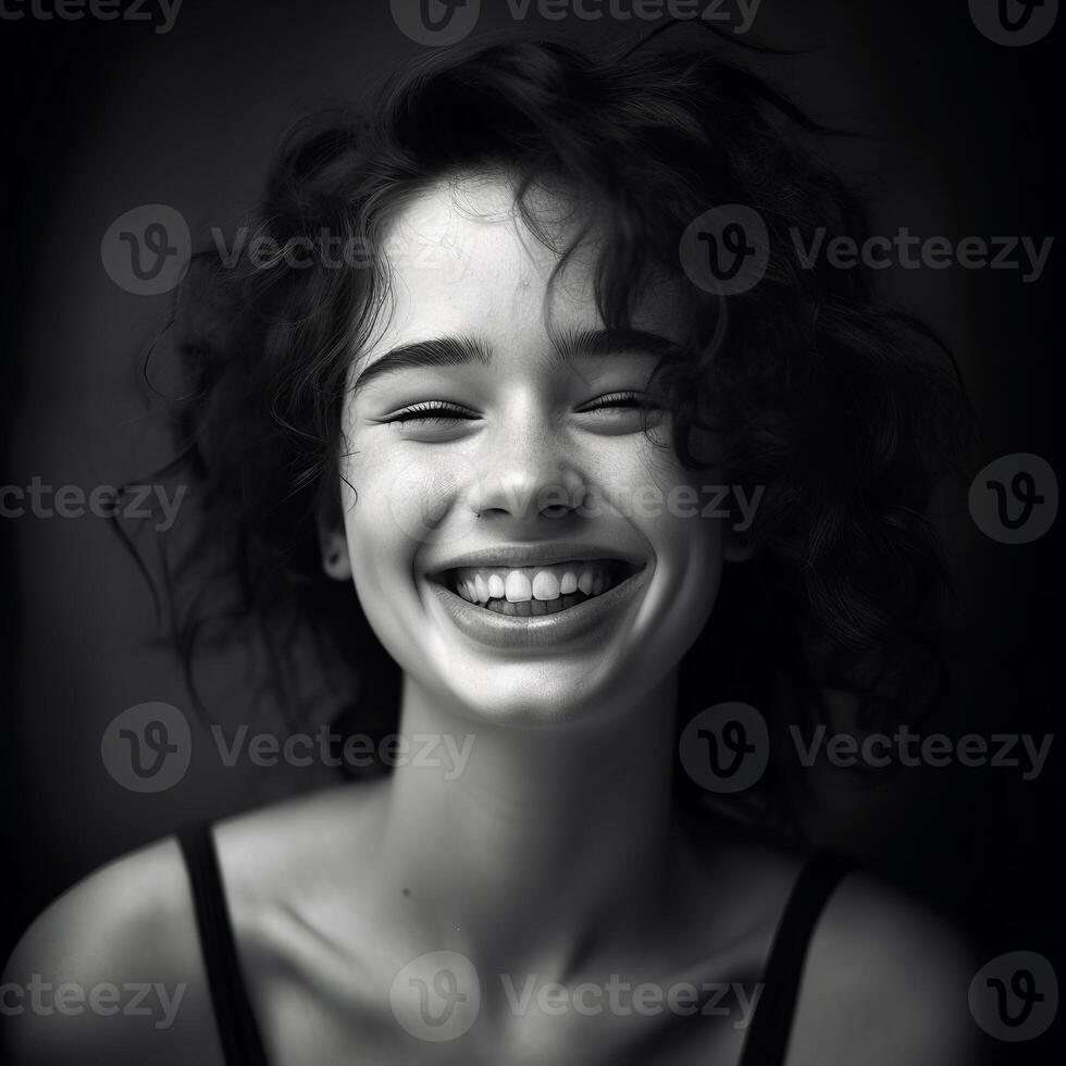 ai gerado uma escala de cinza foto do uma lindo menina com encaracolado cabelo, e vestindo uma tanque topo