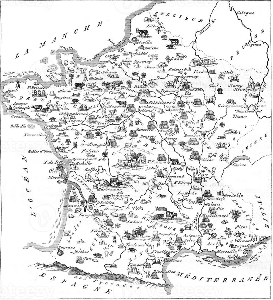 gastronômico mapa do França, vintage gravação. foto
