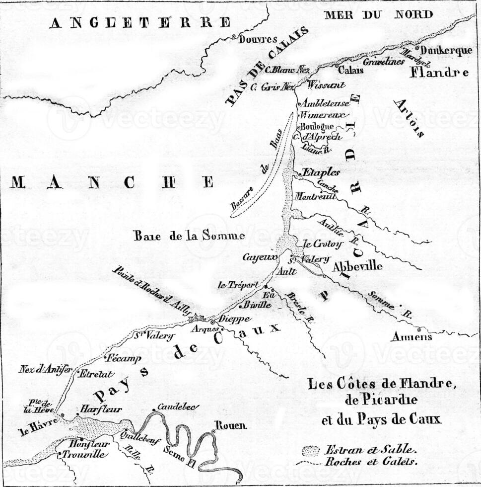 mapa do lados do Flandres, picardia e paga de caux, vintage gravação. foto